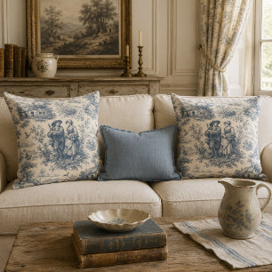 Romantic French Countryside Toile in Dusty Blue Throw Pillow