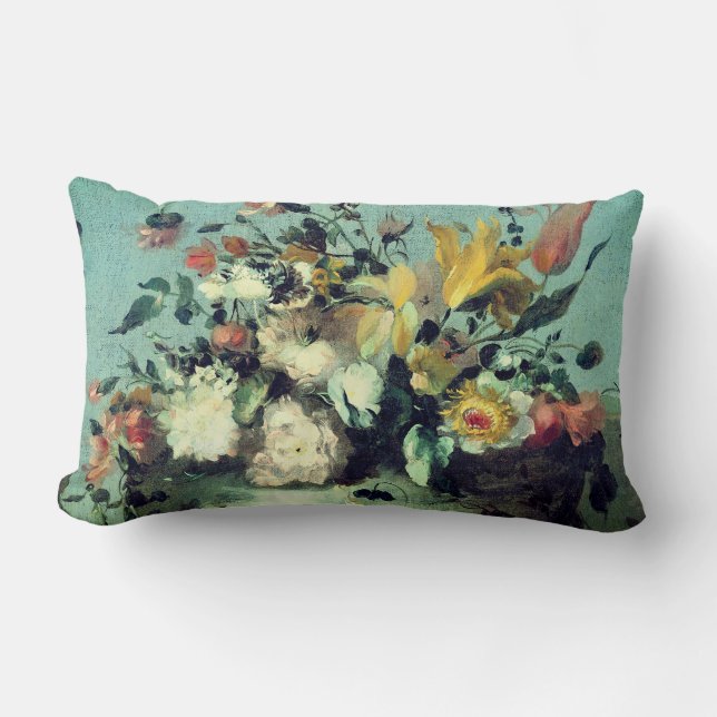 Romantic French Florals on Teal Lumbar Pillow (Front)