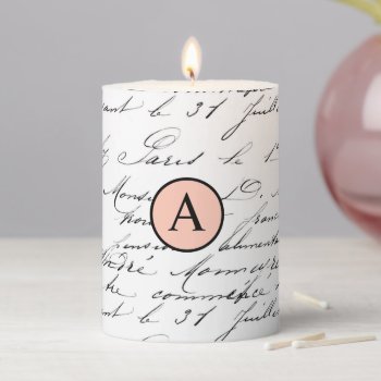 Romantic French Handwriting Peach Monogram Pillar Candle by Lovewhatwedo at Zazzle