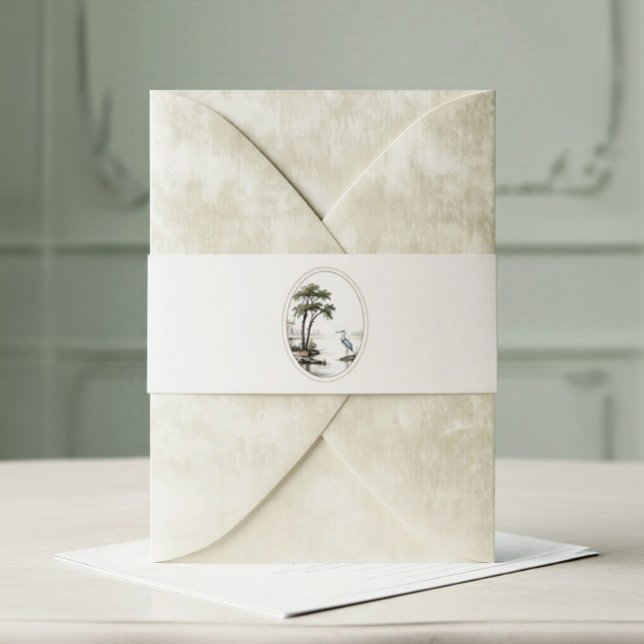 Romantic French Heron Oval Frame Wedding Invitation Belly Band (Creator Uploaded)