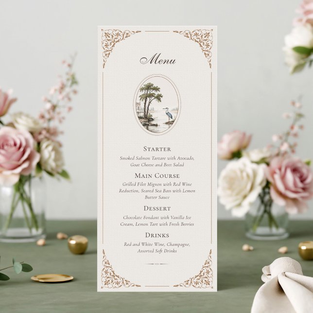 Romantic French Heron Oval Frame Wedding Menu Card (Creator Uploaded)
