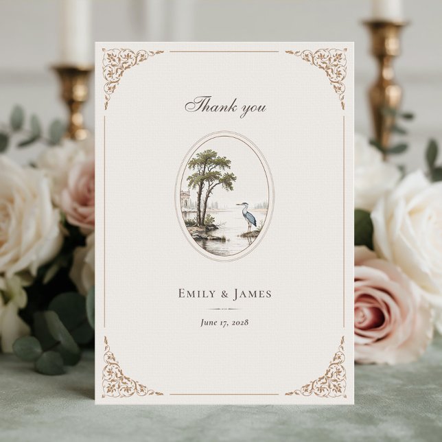 Romantic French Heron Oval Frame Wedding Thank You Card (Creator Uploaded)