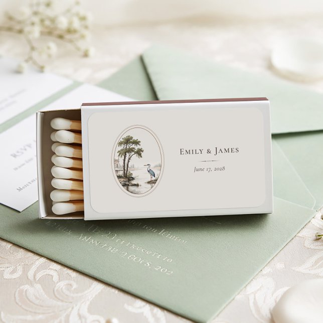 Romantic French Heron Oval Horizontal Wedding Matchboxes (Creator Uploaded)