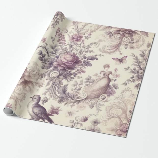 Romantic French Roses Birds Decoupage Wrapping Paper (Unrolled)
