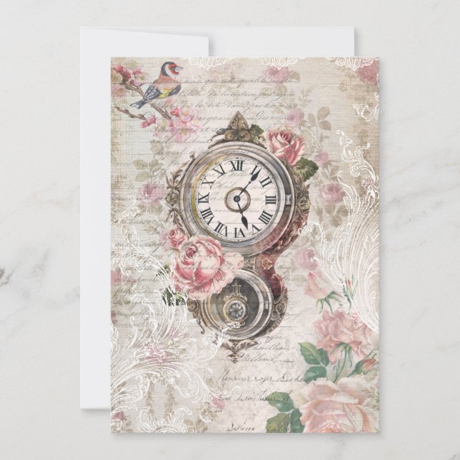 Romantic French Roses, Clock & Filigree Collage Note Card (Front)
