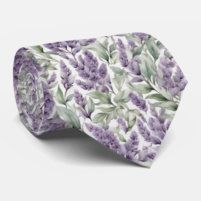 Romantic French sage and lilac floral patterned  Neck Tie (Rolled)