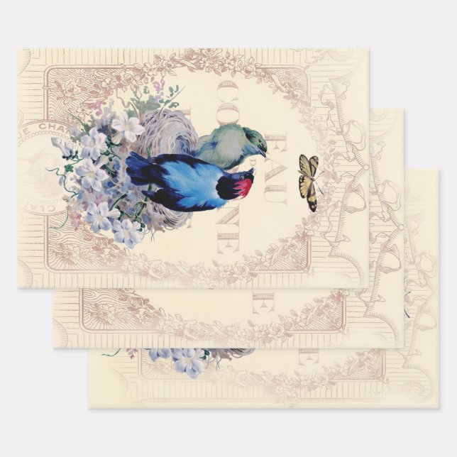 Romantic French Shabby Chic birds and butterfly Wrapping Paper Sheets (Set)