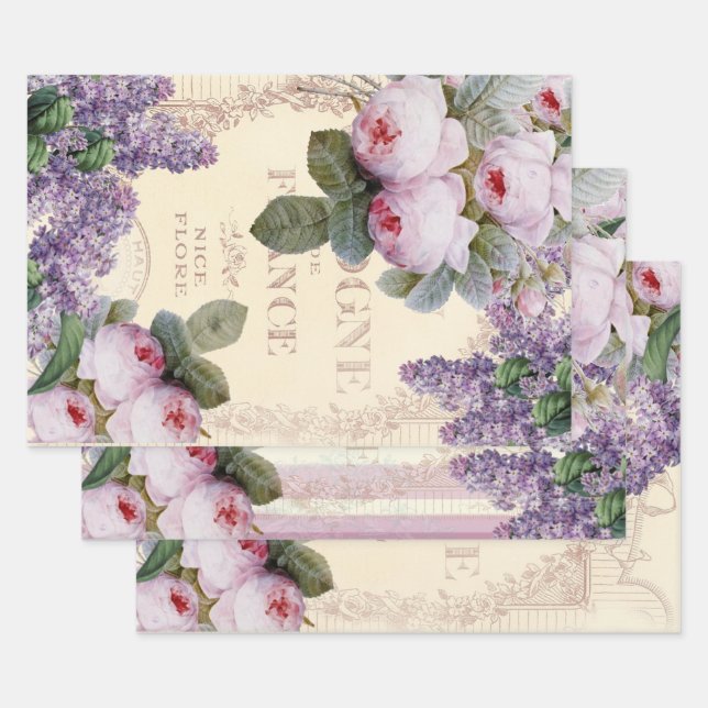 Romantic French Shabby Chic Roses and Lilac Wrapping Paper Sheets (Set)