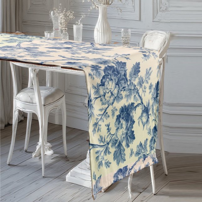  Romantic French toile de Jouy Powder Blue Floral  Short Table Runner (Romantic French toile de Jouy Powder Blue Floral Short Table Runner)