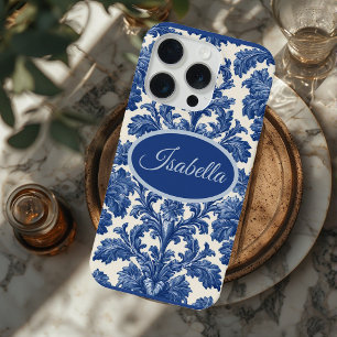 Romantic French Toile Powder Blue Personalized iPhone 15 Pro Case