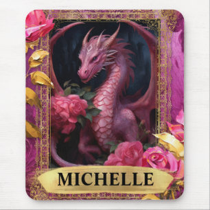 Romantic Fuchsia Dragon and Roses Fantasy Mouse Pad