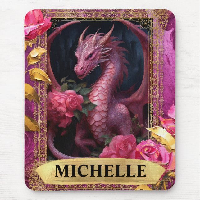Romantic Fuchsia Dragon and Roses Fantasy Mouse Pad (Front)