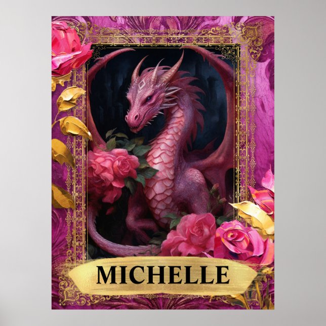 Romantic Fuchsia Dragon and Roses Fantasy Poster (Front)