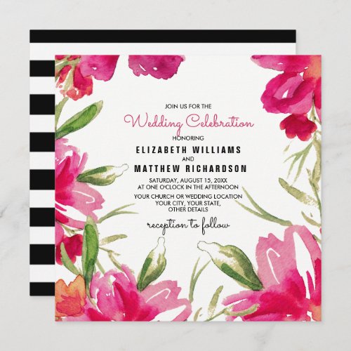 Romantic Fuchsia Floral Black Stripes Wedding Invitation