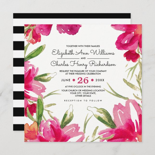 Romantic Fuchsia Floral Black Stripes Wedding Invitation (Front/Back)