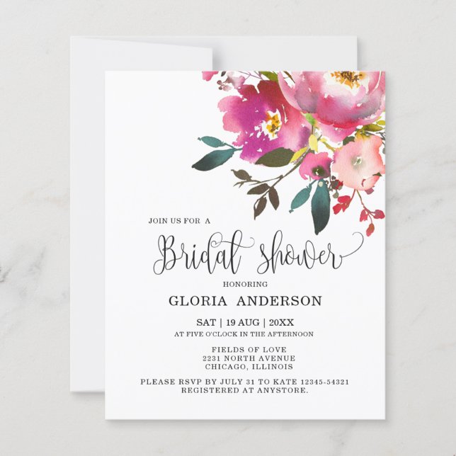 Romantic Fuchsia Floral Bridal Shower Invitation (Front)