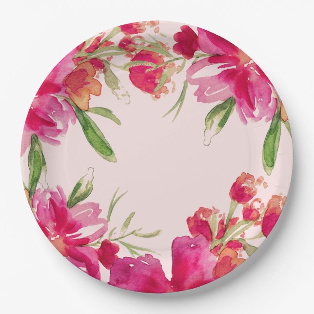 Romantic Fuchsia Flowers Party Paper Plates (Front)
