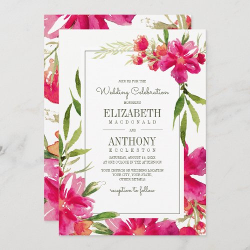 Romantic Fuchsia Green Floral Watercolor Wedding I Invitation