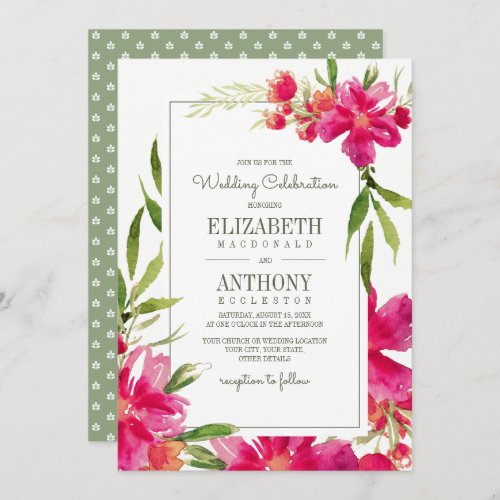 Romantic Fuchsia Green Floral Watercolor Wedding Invitation