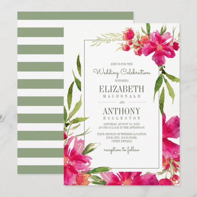 Romantic Fuchsia Green Floral Watercolor Wedding Invitation (Front/Back)