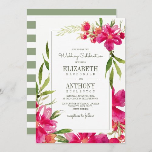 Romantic Fuchsia Green Floral Watercolor Wedding Invitation