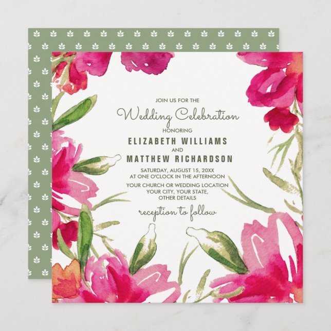 Romantic Fuchsia Green Floral Wedding Invitation (Front/Back)