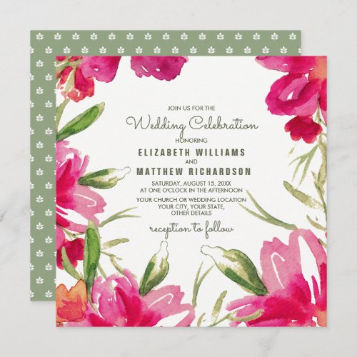Romantic Fuchsia Green Floral Wedding Invitation
