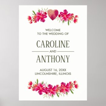 Romantic Fuchsia Green Floral Wedding Welcome Sign by YourWeddingDay at Zazzle
