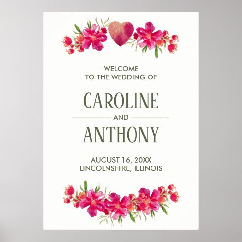 Romantic Fuchsia Green Floral Wedding Welcome Sign