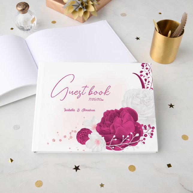 romantic fuchsia white flowers botanical wedding guest book (Front Open)