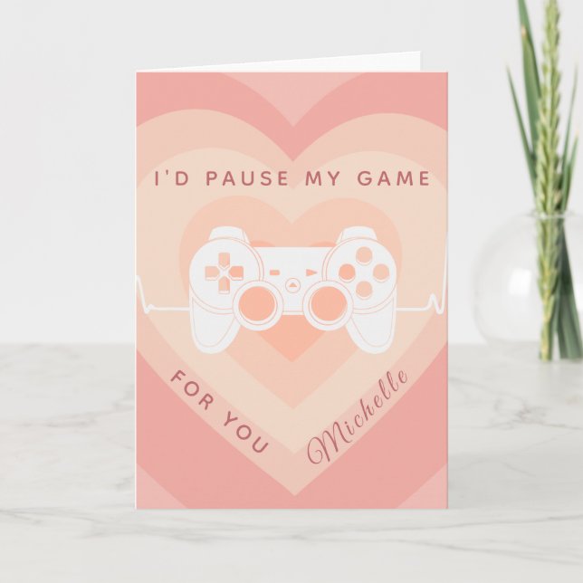 Romantic Gamer Peach Layered Heart Cute Joystick Card (Front)
