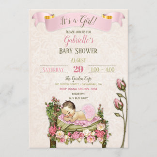 Romantic Garden Baby Shower Pink Green Roses Invitation