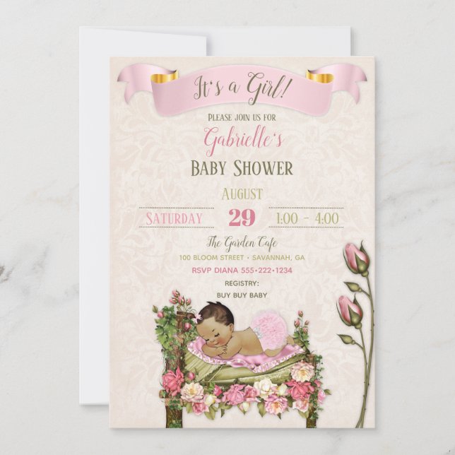 Romantic Garden Baby Shower Pink Green Roses Invitation (Front)