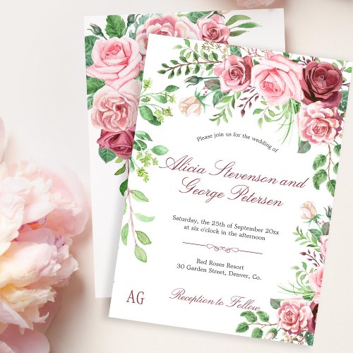 Romantic Garden Blush Pink Roses Monogram Wedding Invitation