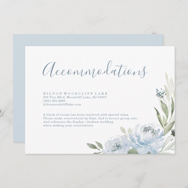 Romantic garden dusty blue floral accommodation enclosure card (Front/Back)
