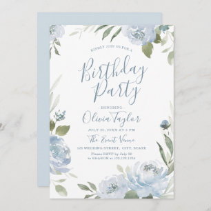 Romantic garden dusty blue floral birthday Party I Invitation