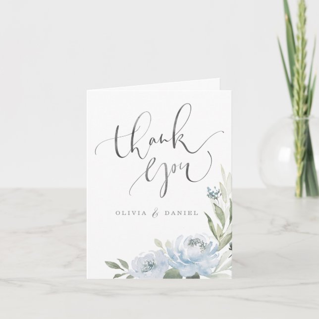 Romantic garden dusty blue floral calligraphy thank you card (Front)