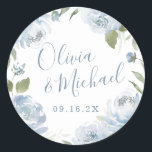 Romantic garden dusty blue floral wedding classic round sticker<br><div class="desc">Romantic watercolor floral in dusty blue and sage green,  with couple names in the center,  great seals for modern wedding,  romantic wedding,  and botanical garden wedding in spring and summer. 
See all the matching pieces in collection.</div>