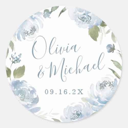 Romantic garden dusty blue floral wedding classic round sticker