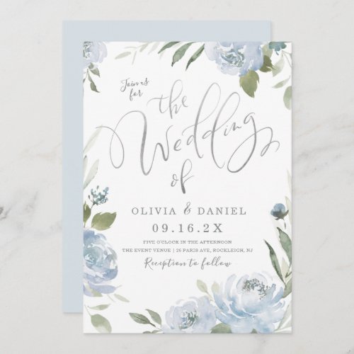 Romantic garden dusty blue floral wedding invitation