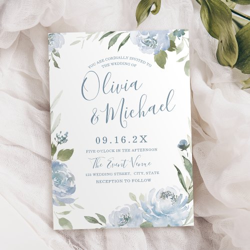 Romantic garden dusty blue floral wedding invitation