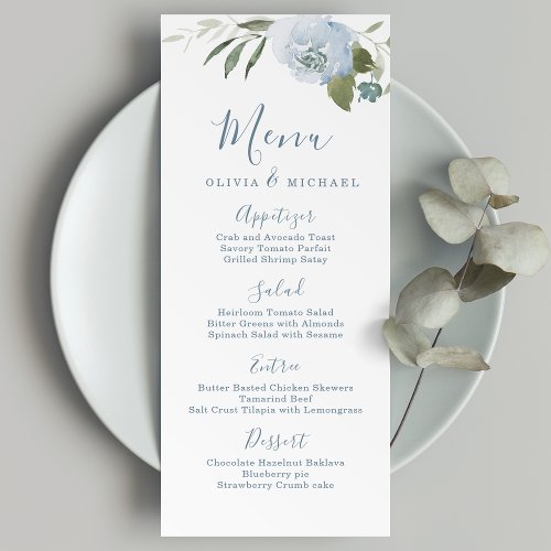 Romantic garden dusty blue floral wedding menu