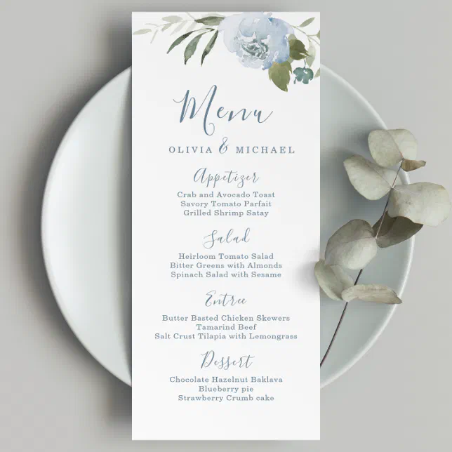 Romantic garden dusty blue floral wedding menu | Zazzle