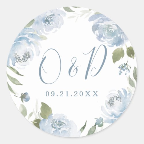 Romantic garden dusty blue floral wedding monogram classic round sticker