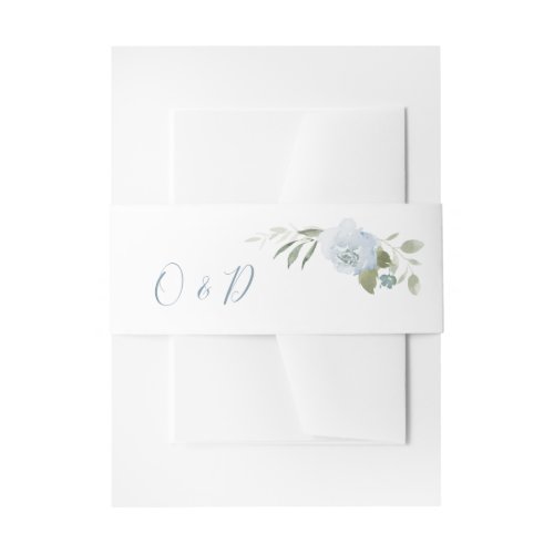 Romantic garden dusty blue floral wedding monogram invitation belly band