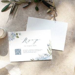 Romantic garden dusty blue floral wedding QR code RSVP Card