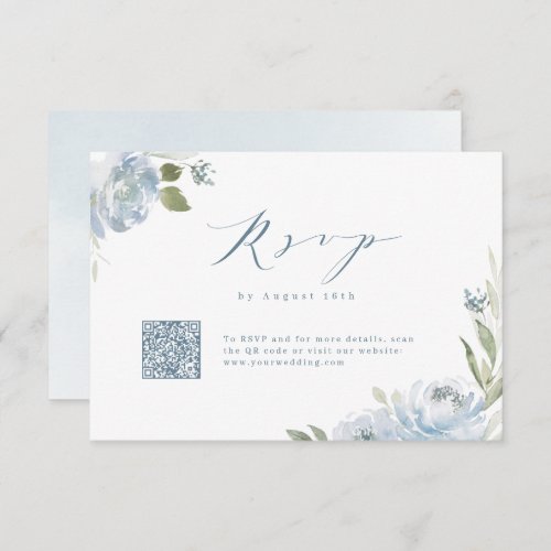Romantic garden dusty blue floral wedding QR code RSVP Card