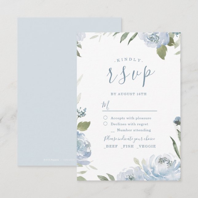 Romantic garden dusty blue floral wedding RSVP (Front/Back)