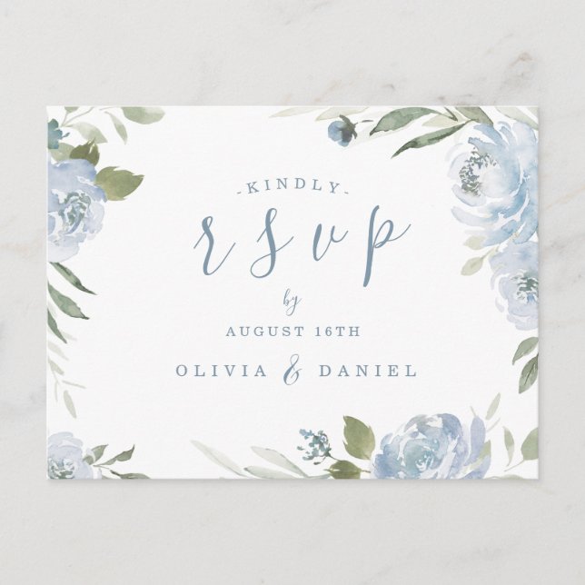 Romantic garden dusty blue floral wedding RSVP Postcard (Front)