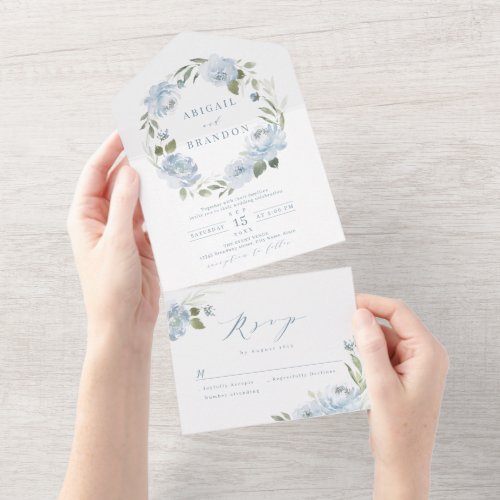 Romantic garden dusty blue floral wreath wedding all in one invitation
